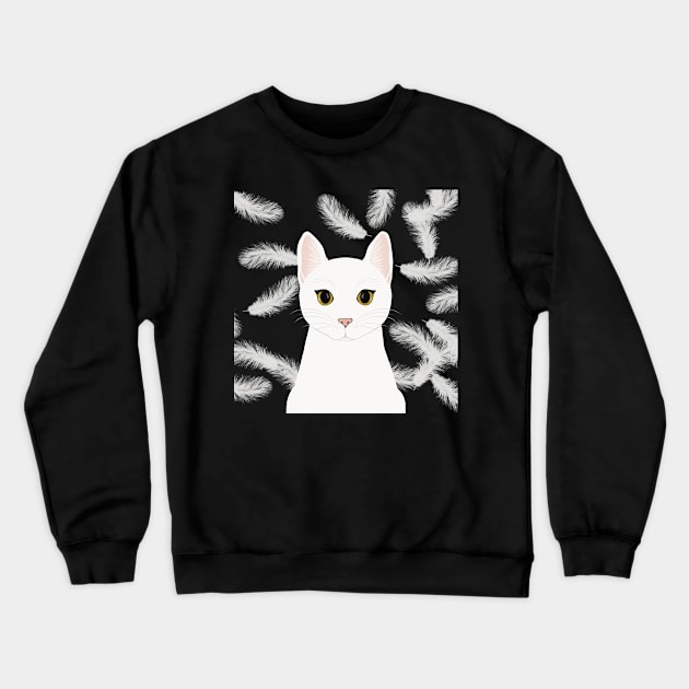 The cute white cat queen is watching you , white feathers on the black background Crewneck Sweatshirt by marina63